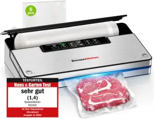 Bonsenkitchen Vakuumierer, Stark Vakuumiergerät mit 5 Modi, 8 L/Min, Globefish-Technologie für Kontinuierliches Arbeiten mit Hoher Geschwindigkeit, Enthält 5 Vakuumbeutel und 1 Rollbeutel