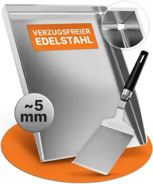 AMZBBQ® Premium Plancha Set - 40 x 30 cm - ca. 5 mm massiver Edelstahl - 20% stärker als herkömmliche Planchas - Grillplatte für Gas & Kohlegrill - Grillzubehör Geschenk für Männer inkl. Grillspachtel