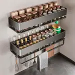 Gewürzregal Wand,2er Set Metall Gewürz Organizer,Grau Küchenregal Ohne Bohren Mit 5 Haken, Gewürzständer,Wandmontage Gewürzregal Hängend für Küchenablage,40cm