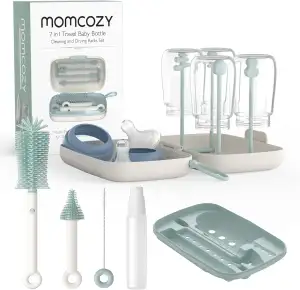 Momcozy Flaschenbürsten-Set - Babyflaschen-Reinigungsset mit Silikonbürste, Nippelbürste, Strohhalmbürste, Seifenspender, Trockengestell - 7 in 1 Flaschenreinigungswerkzeug für Zuhause und unterwegs