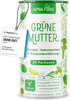 Grüne Mutter 2.0 - Das Original - Greens Shake - Akazienfaserpulver, Weizengras, Brennnessel, Mariendistel, Alfalfa, Chlorella und mehr - Smoothie Shake - 600g Pulver - Alpha Foods