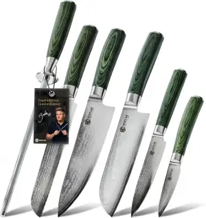 HexClad Essential Damastmesser Set 6-teilig – Küchenmesser aus 67-lagigem Damaststahl – Scharfe japanische Messer mit Pakkaholzgriffen – Vollerl-Konstruktion & Wetzstahl – Profi Küchenmesser Set