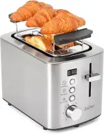 Edelstahl 2 Scheiben Toaster mit LED-Countdown & Brötchenaufsatz, extra breite 3,5 cm Schlitze für Toast, dicke Brotscheiben & Bagels, 6 Bräunungsstufen, Auftauen/Aufwärmen/Stop, 1,1 m Kabel, Silber