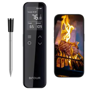 BFOUR WiFi kabelloses Fleischthermometer mit smartem eigenständigem LCD-Basis, ±0,5℃ Genauigkeit, Bluetooth Grillthermometer mit App-Steuerung, Bratenthermometer für Indoor- und Outdoor