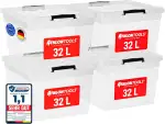 ATHLON TOOLS 4x 32 L Aufbewahrungsboxen mit Deckel, lebensmittelecht - Verschlussclips - 100% Neumaterial Plastik-Box transparent - Kleiderboxen stapelbar…