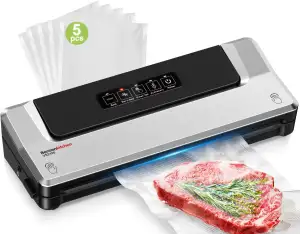 Bonsenkitchen Vakuumiergerät, Vakuumierer Folienschweißgerät für Sous Vide Kochen und Lebensmittel Bleiben bis zu 6x Länger Frisch, 5 Vakuumbeutel Inklusive (Sliber)