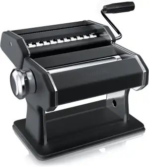 Arendo - Nudelmaschine Pasta Maker – Edelstahl – Nudelpresse – 7 einstellbare Stärken - manuell - Duplexvorsatz für Tagliolini Spaghetti Fettuccine Tagliatelle 2mm und 6 mm - Schwarz Matt