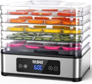 YASHE Dörrautomat, 5 Edelstahl-Dörrgitter, Einstellbarer Timer & Temperatur, 360