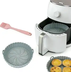 Runde, faltbare Silikon-Heißluftfritteusen-Einlage, antihaftbeschichtet, hitzebeständig, wiederverwendbar, geeignet für Heißluftfritteusen, Dampfgarer und Mikrowellen (Grau)