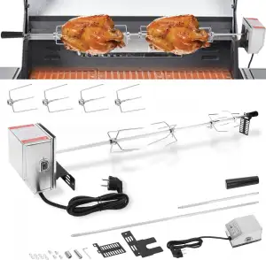 Grillspieß Set, Drehspieß mit 4X Fleischnadeln, 117cm Grillspieß mit Edelstahl Motor 220V - 240V, Universal Rotisserie Traglast 10 kg
