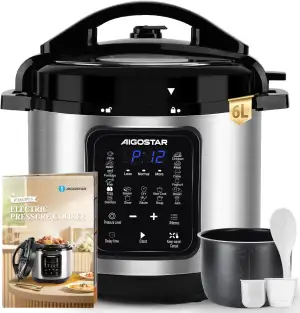 Aigostar Schnellkochtopf 6l, 18-in-1 Multikocher, Antihaft, leichte Reinigung, 1000 W Pressure Cooker, Rice Cooker, Slow Cooker, Dampfgarer, Joghurtbereiter, Speisewärmer inkl. farbigem Rezeptbuch