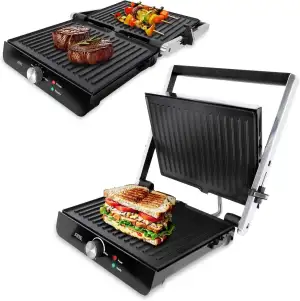 ADE Kontaktgrill 2.000 Watt | Elektrogrill für Balkon | Sandwichmaker 3 in 1 | Tischgrill elektrisch 180° aufklappbar | Plattengriller und Sandwichtoaster | für Panini, Sandwich, Fleisch, Gemüse