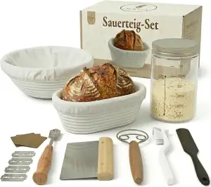 Sauerteig Starter Set 8-Teilig mit Gärkörbchen Rund und Oval, Gärkorb Glasgefäß 
