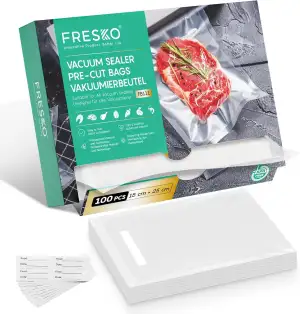 Vakuumierbeutel FRESKO Vakuumbeutel 15x25cm / 100 Profi- Folienbeutel, für alle Vakuumierer, BPA-frei, Eingeprägte Luftrillen, Extrahierbares Verpackungsdesign, Sous Vide Gefrierbeutel