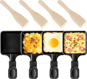 4er Set quadratische Raclette-Pfannen mit Holzspateln, Antihaft-Eisenpfannen, Mi