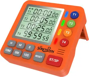 Digitaler 4-Kanal Küchentimer Eieruhr Magnetische Küchenuhr Countdown Count up Timer mit großer LCD-Anzeige Laut Ton Küchenwecker Zeitmesser zum Kochen Backen Lernen, inkl. Batterien (Orange)
