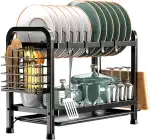 Abtropfgestell Geschirr, 2-stufiges Geschirrabtropfgestell Schwarz, Geschirr Abtropfständer Edelstahl mit Utensilienhalter und Abtropfschale Dish Drainer für Trockne die Spüle (41*20*34 cm)