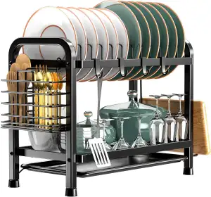 Abtropfgestell Geschirr, 2-stufiges Geschirrabtropfgestell Schwarz, Geschirr Abt