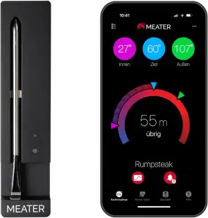MEATER SE: Das Kabellose, Smarte Fleischthermometer mit Bluetooth | Hohe Reichweite | Misst Kern- und Umgebungstemperatur | BBQ, Ofen, Grill, Küche, Smoker, Rotisserie, mit schwarzem Ladegerät
