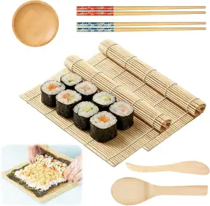 Sushi Set Zum Selber Machen 7 Stück Bambus Sushi Matte Reislöffel Sojasaucenschale Sushi-Werkzeug Wiederverwendbare Bambusmatte Roller für Anfänger, Küche, Japanisches Restaurant