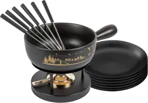 KUHN RIKON Käsefondue Set Alpenpanorama schwarz Ø 23 cm mit Teller, 2.6 Liter In