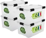 Iris Ohyama Luftdichte Kunststoff-Aufbewahrungsboxen mit Deckel, 45L, 4er-Set, Transparent, Hermetischer wasserdichter Verschluss, Robuste Schnappverschlüsse, Stapelbar, Staubschutz, BPA-frei, WSB-45