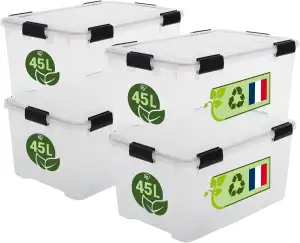 Iris Ohyama Luftdichte Kunststoff-Aufbewahrungsboxen mit Deckel, 45L, 4er-Set, Transparent, Hermetischer wasserdichter Verschluss, Robuste Schnappverschlüsse, Stapelbar, Staubschutz, BPA-frei, WSB-45