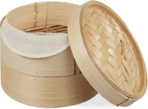 Relaxdays Bambus Dampfgarer, asiatischer Dämpfkorb mit 2 Etagen, für Dim Sum, Reis, Dampfgarer Einsatz, Ø 20,5 cm, natur, Hellbraun, Helles Braun