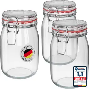 WELLGRO 3x Einmachgläser mit Bügelverschluss rund 1140ml, Fermentierglas, Vorrat
