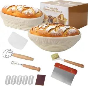10 Stück Gärkorb Brot Set, 23cm Rund + 25cm Oval Brot Gärkorb,Gärkörbchen zum Brotbacken,Handgeflochtener Fermentierter Korb aus Natürlichem Rattan im,Einschließlich Teigschaber und Ölpinsel