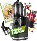 Nutrilovers Slow Juicer NUTRI-PRESS MAX Ganze Früchte entsaften Entsafter mit XXL 150 mm Öffnung, BPA-frei inkl. Saft-Flasche, Slow Juice Rezeptbuch