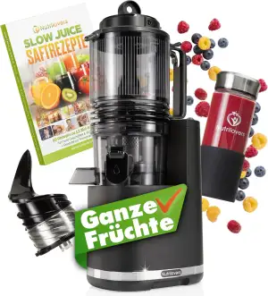 Nutrilovers Slow Juicer NUTRI-PRESS MAX Ganze Früchte entsaften Entsafter mit XXL 150 mm Öffnung, BPA-frei inkl. Saft-Flasche, Slow Juice Rezeptbuch