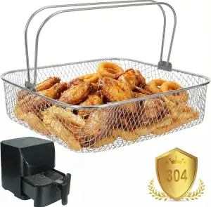 Amosfun Metallkorb Mit Henkel Für Heißluftfritteuse 20.5X20.5X6.5 Cm - Edelstahl