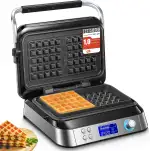 FOHERE Waffeleisen 1600 W, Doppelwaffeleisen für Belgische Waffeln, 5 Programme, 7 Bräunungsstufen, LCD Display, Countdown Timer, Überlaufrille, Extra Tiefe Heizplatten