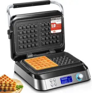 FOHERE Waffeleisen 1600 W, Doppelwaffeleisen für Belgische Waffeln, 5 Programme, 7 Bräunungsstufen, LCD Display, Countdown Timer, Überlaufrille, Extra Tiefe Heizplatten