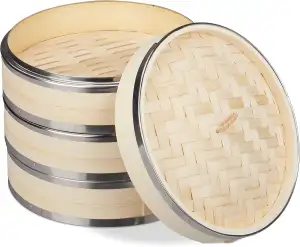 Relaxdays 10031464 Bambus Dampfgarer, 3 Etagen, mit Metallringen, asiatischer Dampfkorb für Reis, Dim Sum, Gemüse, Ø 24 cm, Natur, 23 x 24 x 24 cm, Hellbraun, Silber