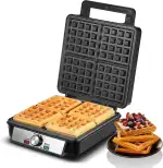 FOHERE 4-Scheiben Waffeleisen, 1200W Belgisches Waffeleisen, Bräunungsregler, Antihaftbeschichtun...