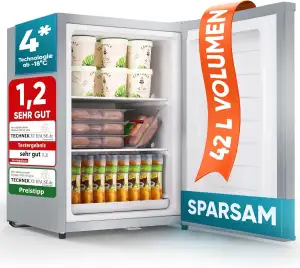Stillstern Mini Gefrierschrank (42L) -18°C, Eiswürfelschale, Schloss, Türanschlag wechselbar, 4-Sterne Tiefkühlschrank für Camping/Büro Gefriertruhe Klein Gefrierschrank Klein Tiefkühltruhe Silber
