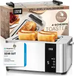 LEBENLANG Langschlitz Toaster 4 Scheiben mit Brötchenaufsatz - Touchscreen LED Display & 7 Stufen I 1400W 4er Langschlitztoaster Edelstahl Gebürstet I Smart Touch Toster für große Toastscheiben xxl