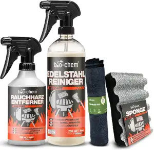 bio-chem Grillreiniger Set 4-teilig – Grillreiniger Gasgrill & Edelstahlreiniger mit Rauchharzentferner – Grill Reinigung Set für Gasgrill, Grillrost & Edelstahl – inkl. Schwamm & Mikrofasertuch