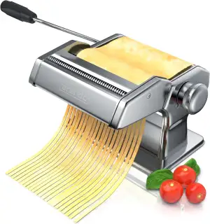 Arendo - Manuelle Nudelmaschine Edelstahl, Pastamaker, Pastamaschine, verschiedene Stärken, manuell, Duplexvorsatz für Tagliolini Spaghetti Fettuccine Tagliatelle 2mm und 6 mm - Silber