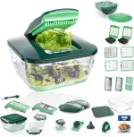 Genius Nicer Dicer Chef Deluxe XXL 37-teilig mit Glasschüssel-Set, Tomaten-Gemüse-Schneider & 3in1 Siebschüssel - Zerkleinerer Zwiebelschneider Pommesschneider, Grün