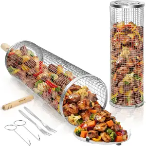 Rollendes Grillkorb Set, Abnehmbarem Holzgriff, 304 Edelstahl, Grill Zubehör für Gemüse, Fleisch und Meeresfrüchte, Einsetzbar für Holzkohlegrill, Gasgrill, Camping Gadgets, Geschenke Geburtsta