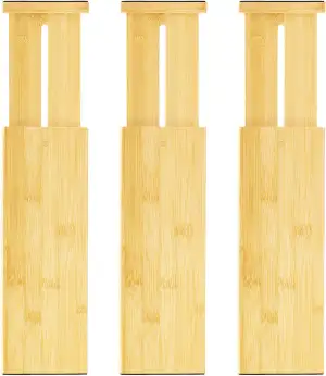 VaeFae 3 Stück Schubladentrenner aus Bambus, Verstellbar Schubladen Trenner, Schubladen Organizer für Küche, Besteck, Kleidung, Büro, Badezimmer