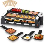 FOHERE Raclette Grill, Drehbarer Raclette 8 Personen mit Antihaftbeschichteter Backplatte und 8 K...
