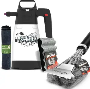 bio-chem Grillzubehör Reinigungsset 4-teilig – 1x Schaumsprüher, 1x Grillbürste mit Schaber, 1x passgenauer Grillschwamm & 1x Premium-Mikrofasertuch – Set für die Reinigung Aller Grilltypen