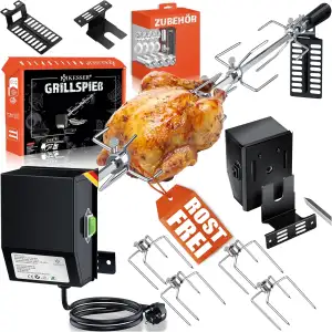 KESSER® Edelstahl Grillspieß Set 107cm passend für Weber Spirit Gasgrill, BBQ Fleischklammer, Griffstück und Motor Elektrischer Drehspieß 220V - 240V, Inkl. 4X Fleischnadeln und Montagezubehör Schwarz