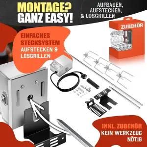 KESSER® Edelstahl Grillspieß Set 107cm passend für Weber Spirit Gasgrill, BBQ Fleischklammer, Griffstück und Motor Elektrischer Drehspieß 220V - 240V, Inkl. 4X Fleischnadeln und Montagezubehör Silber