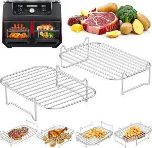 Heißluftfritteuse Zubehör Stapelbar, Grillrost #304 Edelstahl, Airfryer Zubehör für Dual Zone 7,6L–10,4L, Kompatibel mit Ninja, Cosori, Russell Hobbs, andere Doppelkammer Airfryer (2er-set)
