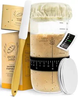 KRUSTENZAUBER Sauerteig Starter Set - 600ml Gärglas mit Spatel u. Thermometer - 